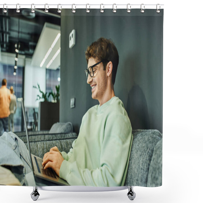 Personality  Cheerful Businessman In Casual Clothes And Stylish Eyeglasses Typing On Laptop While Sitting On Comfortable Couch In Modern Coworking Office, Business Inspiration And Productivity Shower Curtains