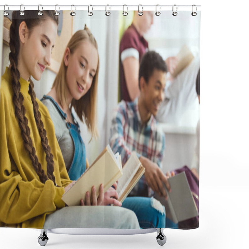 Personality  Group Of Smiling Multicultural Teenage Schoolchildren Reading Books During School Break Shower Curtains