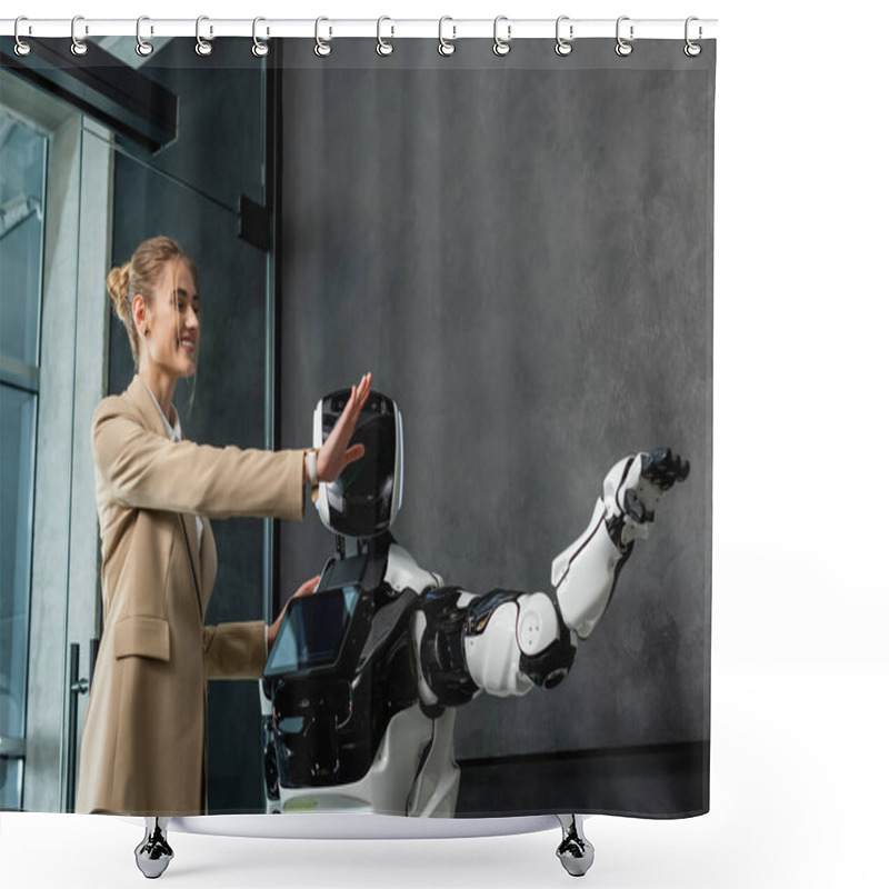 Personality  Cheerful Businesswoman Gesturing With Humanoid Robot In Office Shower Curtains