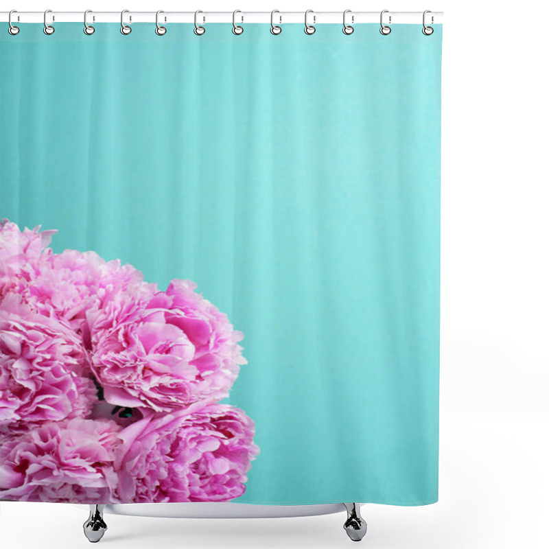 Personality  Pink Peony Flower On Blue Background. Copy Space. Floral Composition. Wedding, Birthday, Anniversary Bouquet. Woman Day, Mother's Day. Macro Of Peonies Flowers. Shower Curtains