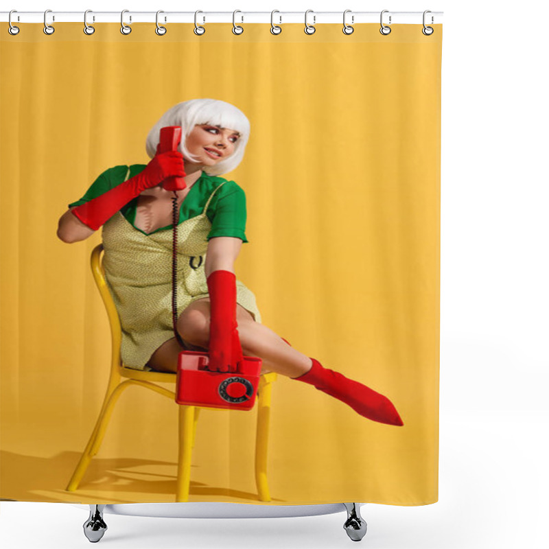 Personality  Smiling Girl In White Wig Talking On Retro Phone While Sitting On Chair, On Yellow Shower Curtains