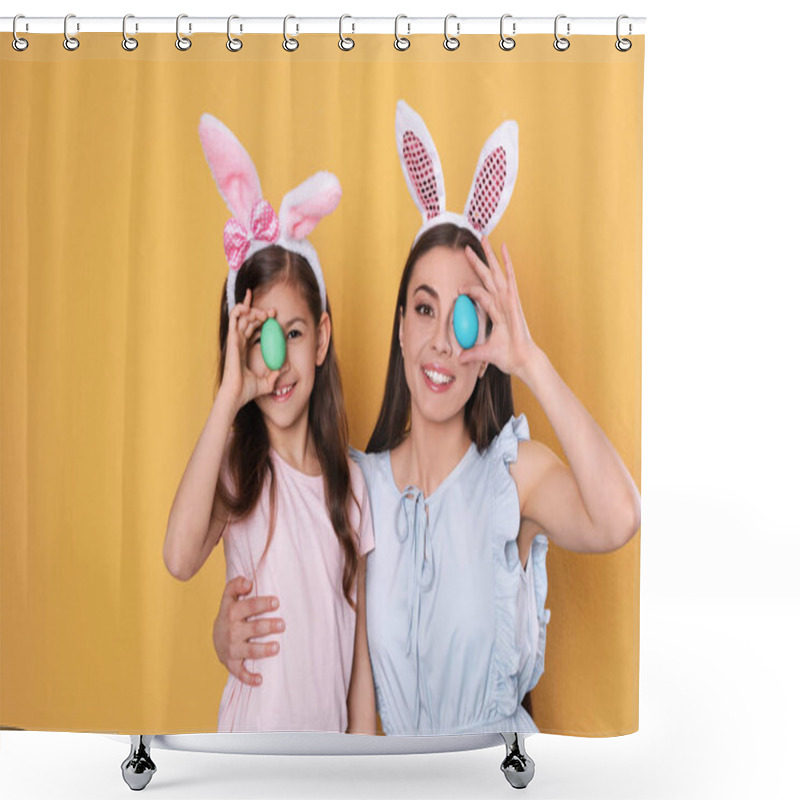 Personality  Mother And Daughter In Bunny Ears Headbands Holding Easter Eggs Near Eyes On Color Background Shower Curtains