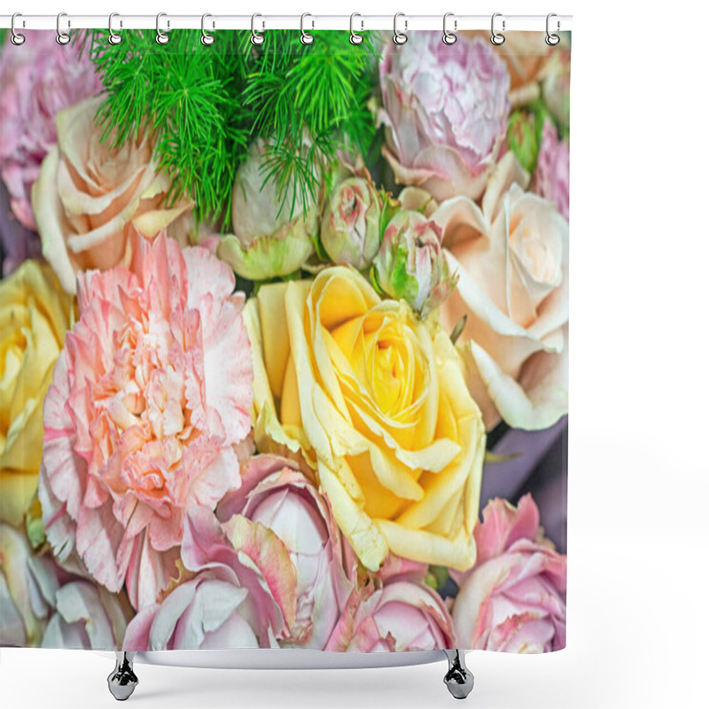 Personality  Delicate Bouquet Of Pink Blossoming Roses And Chrysanthemums. Women's Day Shower Curtains