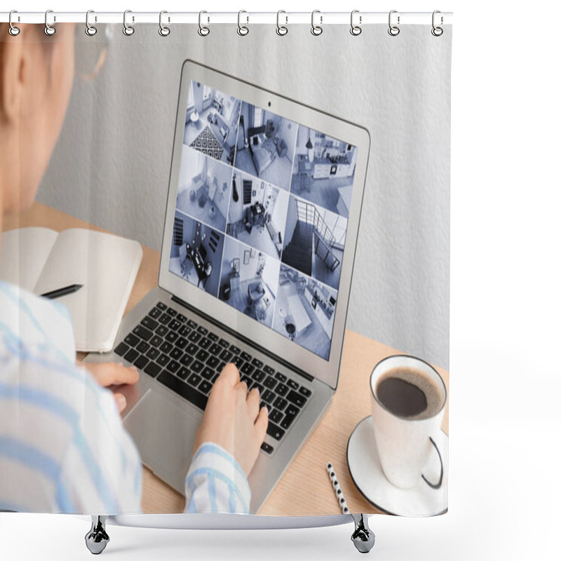 Personality  Woman Monitoring Modern Cctv Cameras On Laptop Indoors, Closeup. Home Security System Shower Curtains