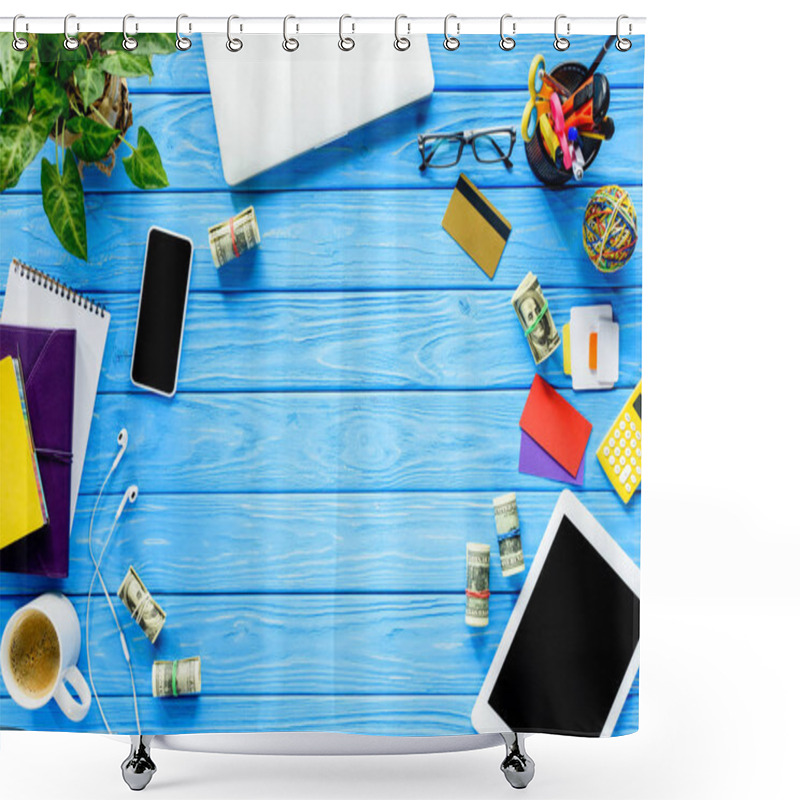 Personality  Workplace With Money And Gadgets On Blue Wooden Table Shower Curtains