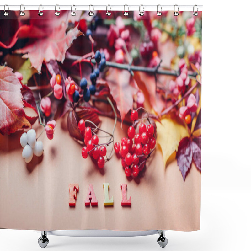 Personality  Fall Writing Word Arranged By Autumn Leaves And Red Blue Berries. Seasonal Decoration. Shower Curtains