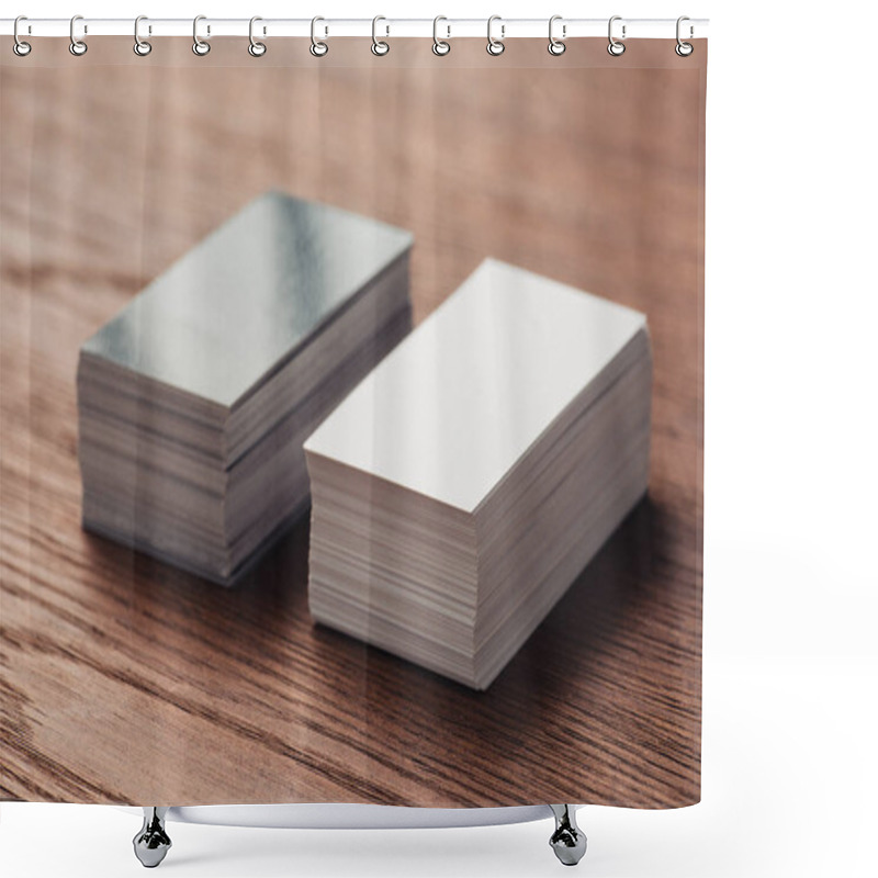 Personality  Stacks Of Empty White And Black Business Cards On Wooden Table Shower Curtains