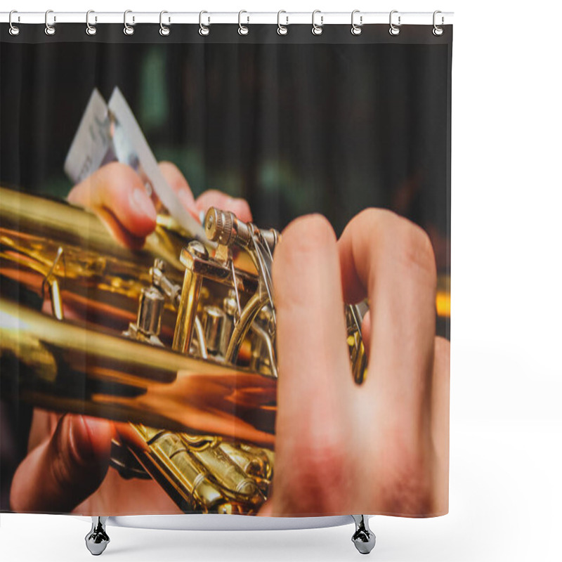 Personality  Detail Of Hands Of A Man Playing On The Trumpet While Holding A Euro Note Money Bill. Concept Of Earning Money With Playing Music With A Band On Different Ocasions Shower Curtains