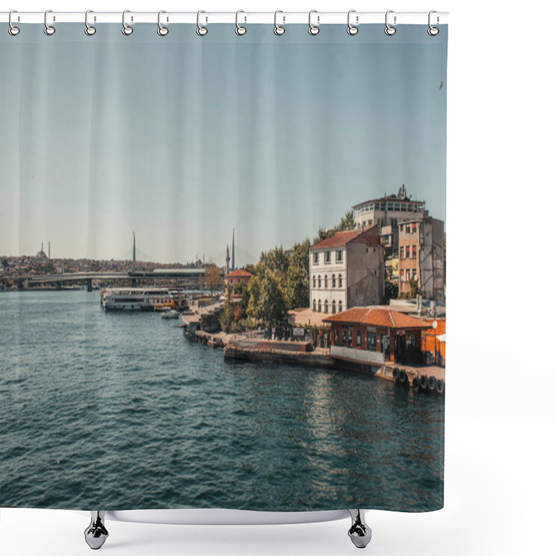 Personality  View From Bosphorus Strait Of Seashore With Buildings And Moored Ships, Istanbul, Turkey Shower Curtains