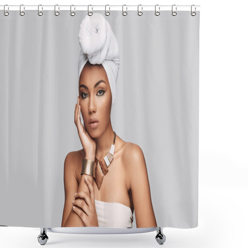 Personality  Confident And Beautiful. Attractive Young African Woman In Turban Looking At Camera While Standing Against Grey Background Shower Curtains