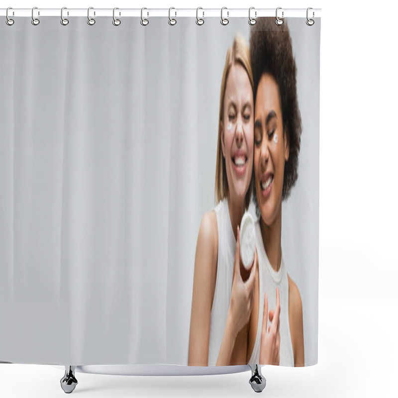 Personality  Joyful Interracial Models Smiling With Closed Eyes Near Jar With Face Cream Isolated On Grey, Banner Shower Curtains