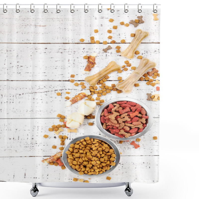 Personality  Dry Pet Food In Bowls With Bones On White Wooden Table Shower Curtains