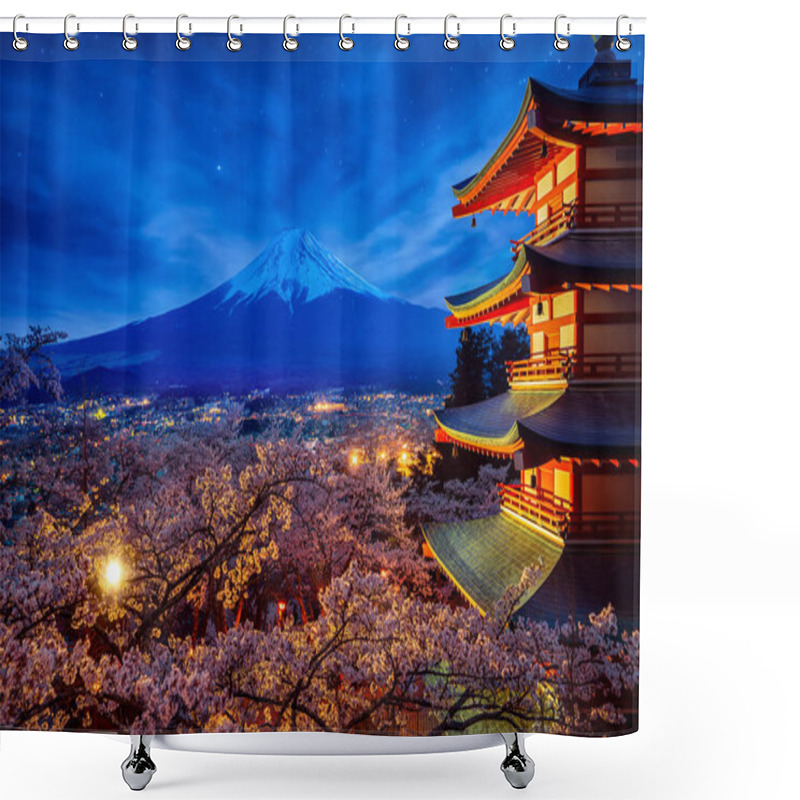 Personality  Night Sky Mt. Fuji And Temple Red Pagoda In Fujiyoshida With Che Shower Curtains