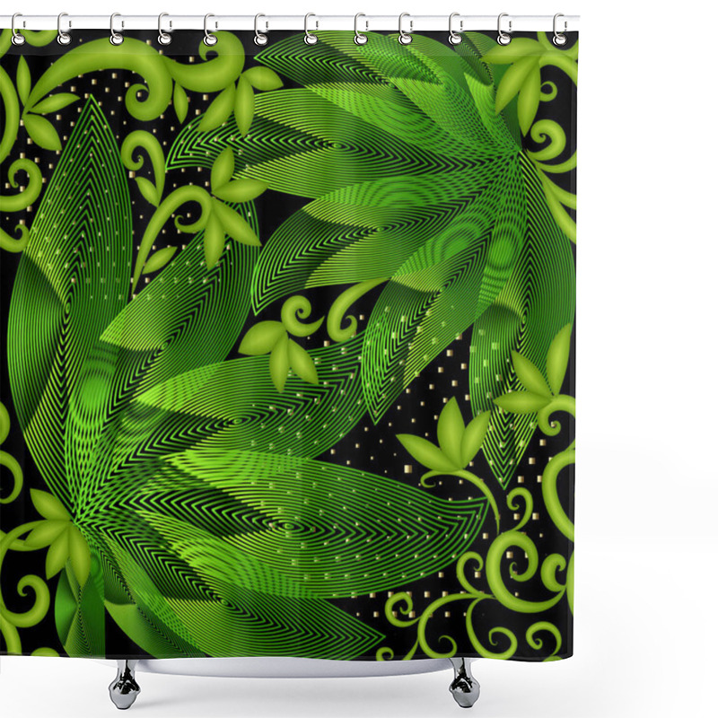 Personality  Bright Green Leavy 3d Vector Seamless Pattern. Textured Striped Leaves With Radial Lines. Floral Abstract Ornamental Background. Modern Decorative Elegance Ornament. Swirls, Dots, Flowers, Halftone Shower Curtains