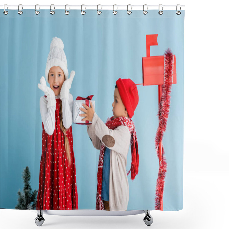 Personality  Boy In Winter Outfit Holding Present Near Excited Sister And Mailbox Isolated On Blue Shower Curtains