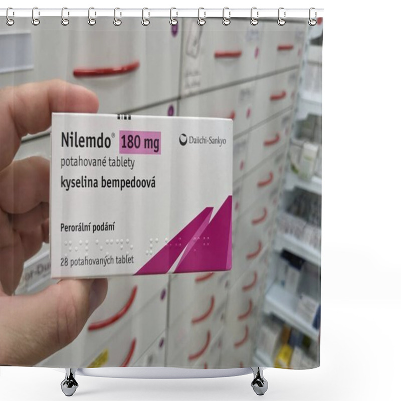 Personality  Prague,Czech Republic-October 9 2024: Nilemdo By DAIICHI SANKYO Contains BEMPEDOIC ACID, A Medication For Lowering LDL Cholesterol In Patients Who Need Additional Cholesterol Management Despite Diet  Shower Curtains