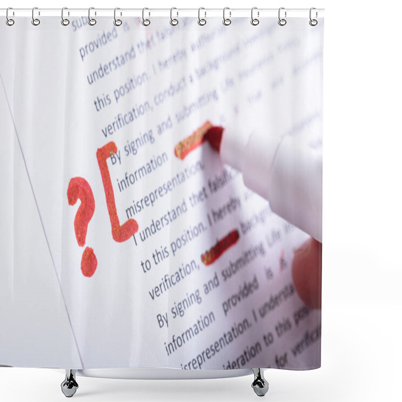 Personality  Human Hand Holding Red Marker During Spellchecking Text With Question Mark Sign Shower Curtains