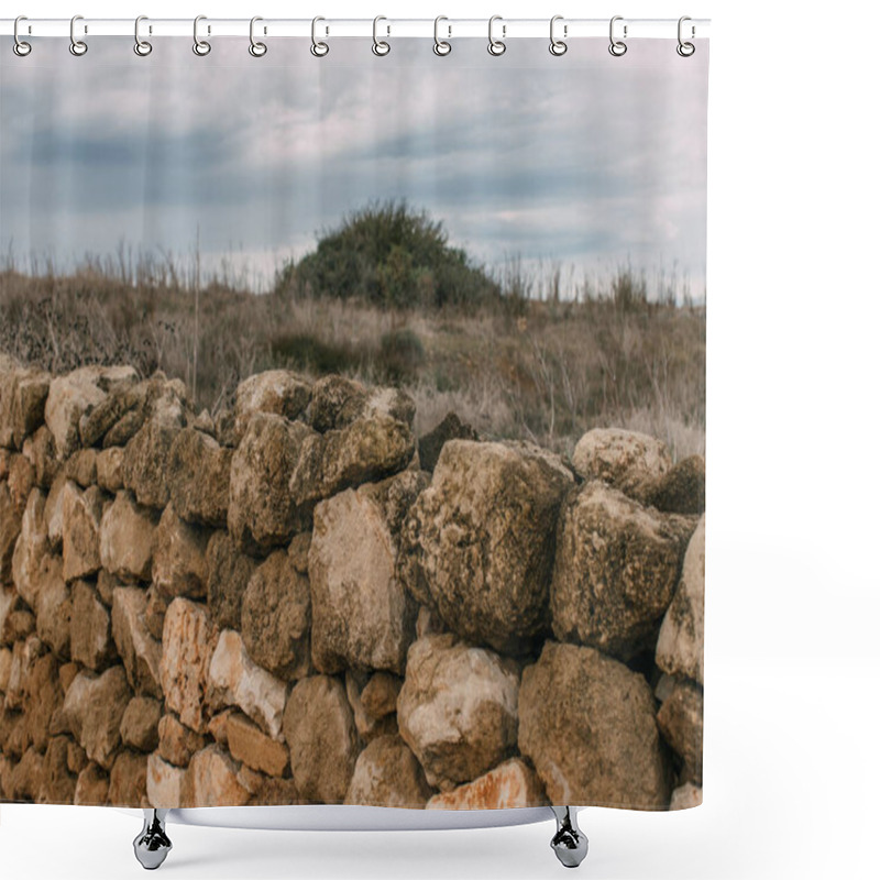 Personality  Wall With Stones Near Lawn Against Sky With Clouds  Shower Curtains