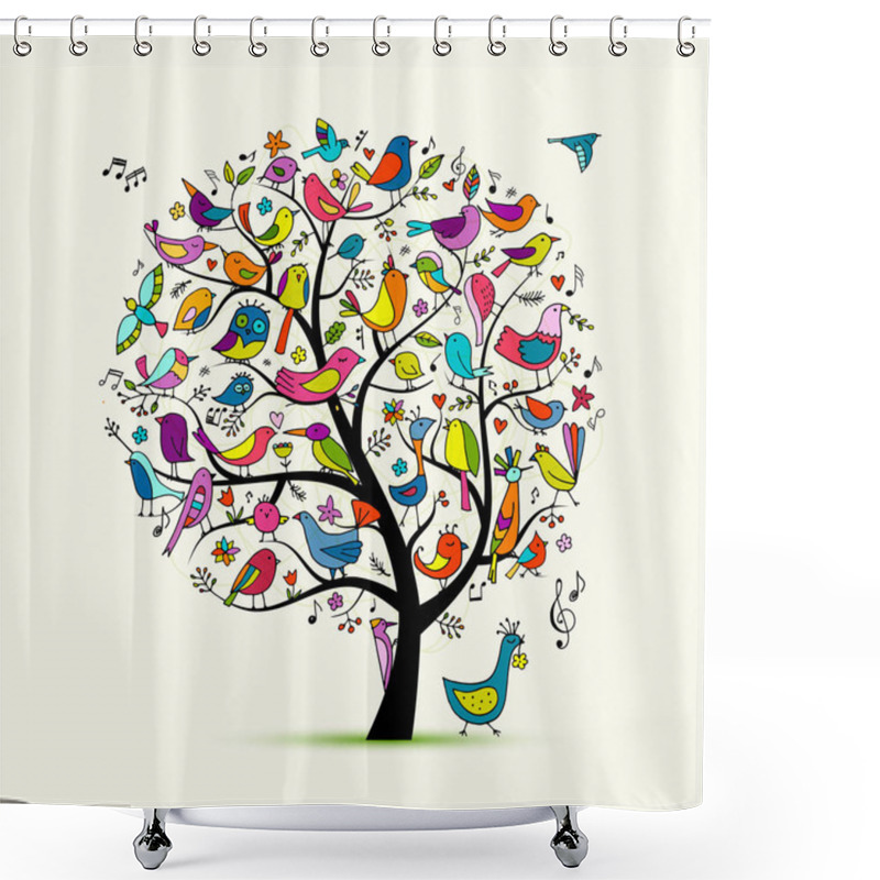 Personality  Tree With Birds, Sketch For Your Design Shower Curtains