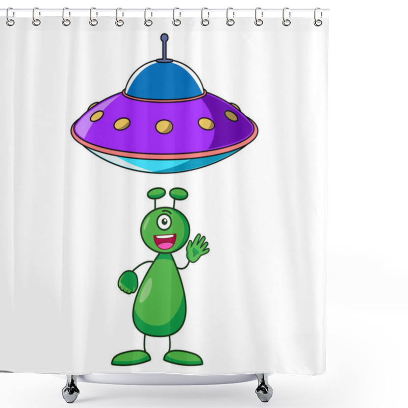 Personality  Aliens And Their Ufo Cartoon, Digital Art Illustration. Shower Curtains