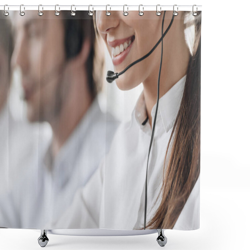 Personality  Cropped Shot Of Smiling Young Call Center Manageress Working With Colleagues Shower Curtains