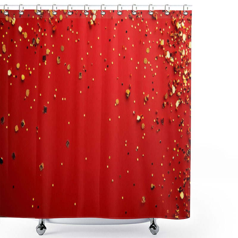 Personality  Festive Scene With Scattered Gold And Black Confetti On A Vibrant Red Background. Shower Curtains