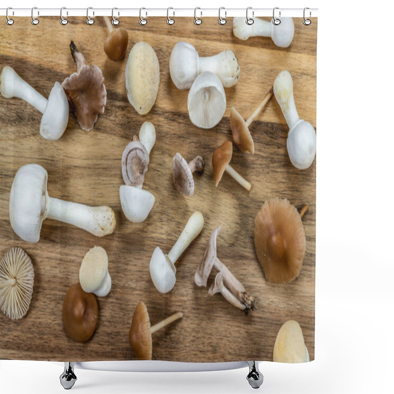 Personality  Fresh Mushrooms On A Wooden Chopping Board. Overhead View. Shower Curtains