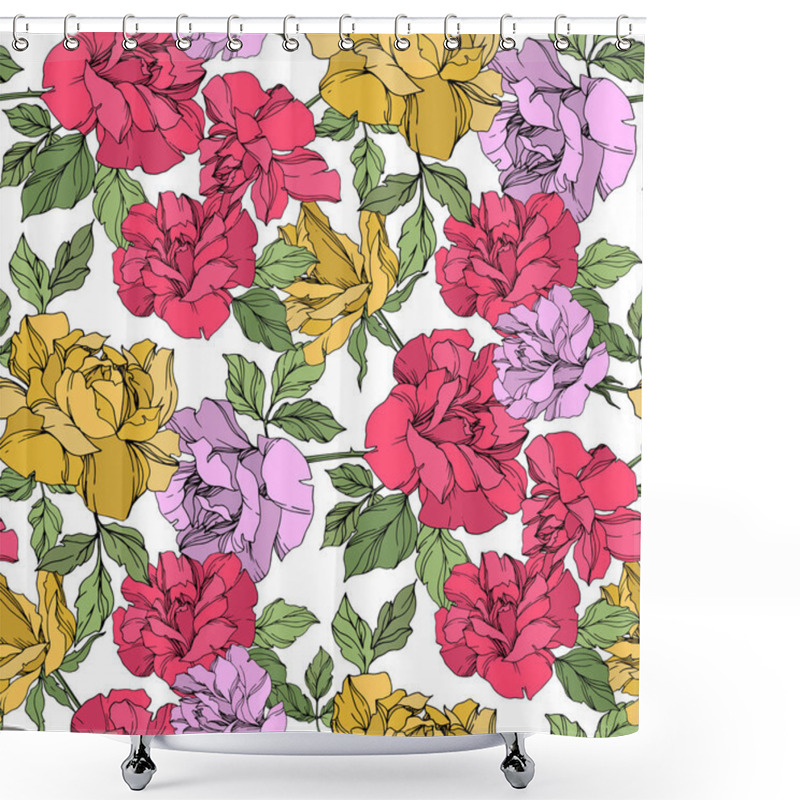 Personality  Yellow, Red And Violet Vector Roses With Green Leaves. Engraved Ink Art. Seamless Background Pattern.  Shower Curtains