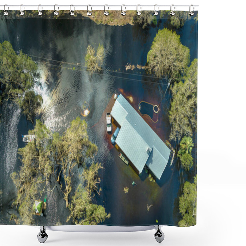 Personality  Aftermath Of Natural Disaster. Flooded Houses By Hurricane Ian Rainfall In Florida Residential Area. Shower Curtains