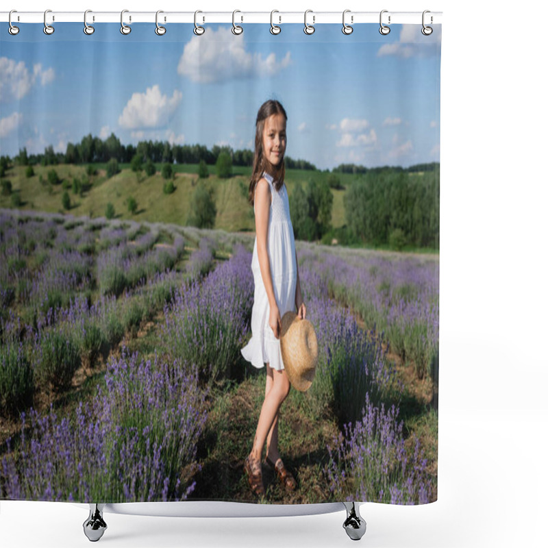 Personality  Full Length Of Smiling Girl With Straw Hat Standing In Lavender Field And Looking At Camera Shower Curtains