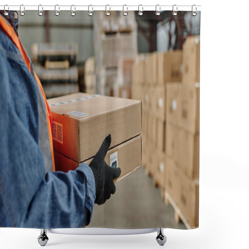 Personality  Close-up Of Worker Carrying Cardboard Boxes For Distribution In Warehouse Shower Curtains