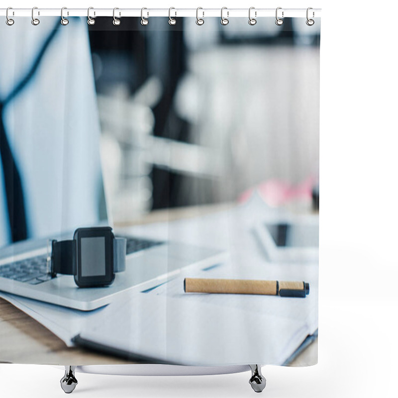 Personality  Close-up View Of Smartwatch, Laptop And Notebook At Workplace  Shower Curtains