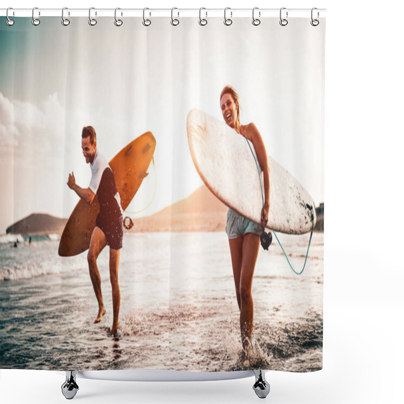 Personality  Happy Surfer Couple Running With Surfboards Along The Sea Shore - Sporty People Having Fun Going To Surf Together At Sunset - Extreme Surfing Sport And Youth Relationship Lifestyle Concept Shower Curtains