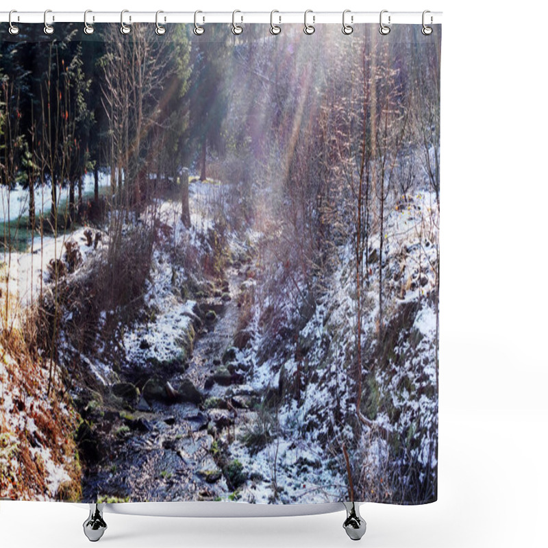 Personality  Sunlit Winter Stream With Rocky Banks Shower Curtains