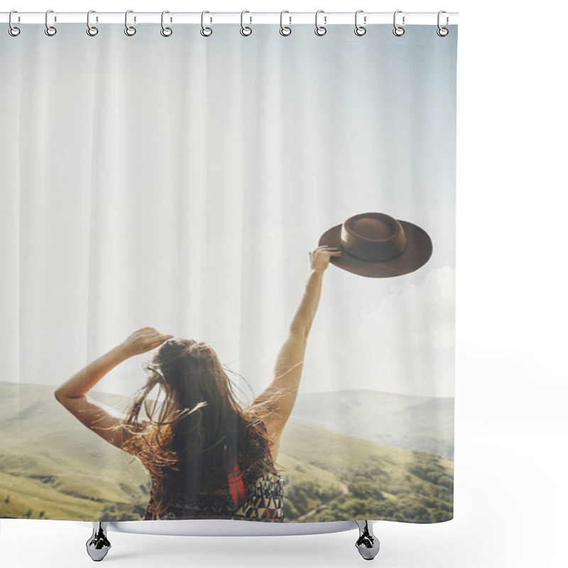 Personality  Traveler Hipster Girl Holding Hat, Walking In Sunny Mountains. Summer Vacation. Space For Text. Amazing Atmospheric Moment. Happy Woman Traveling. Travel And Wanderlust Concept Shower Curtains