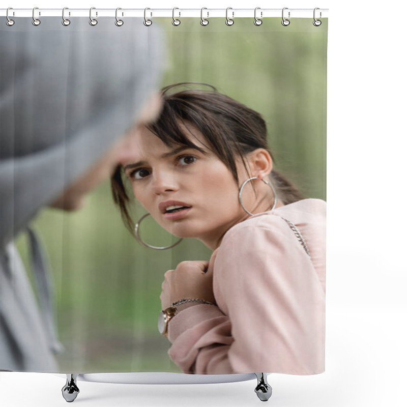 Personality  Scared Young Woman Looking At Thief In Hoodie  Shower Curtains