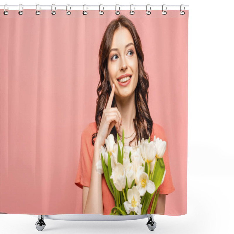 Personality  Happy Girl Looking Away And Touching Cheek While Holding Bouquet Of White Tulips Isolated On Pink Shower Curtains