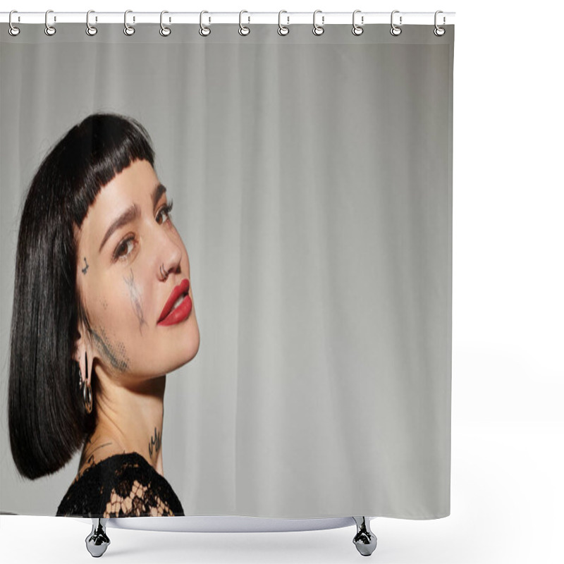 Personality  A Stylish Woman With Striking Tattoos Poses Confidently, Exuding Artistic Flair. Shower Curtains