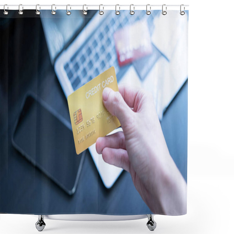 Personality  A Hand Holds A Credit Card In Front Of A Laptop, Suggesting Online Shopping Or Banking. Cards And A Smartphone On The Desk, Emphasizing The Concept Of Digital Payments And Financial Transactions. Shower Curtains