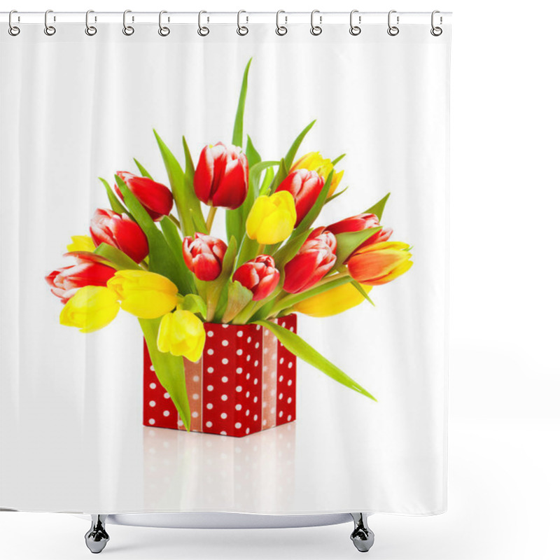 Personality  Beautiful Tulips In The Red Polka-dot Gift Box. Happy Mothers Da Shower Curtains