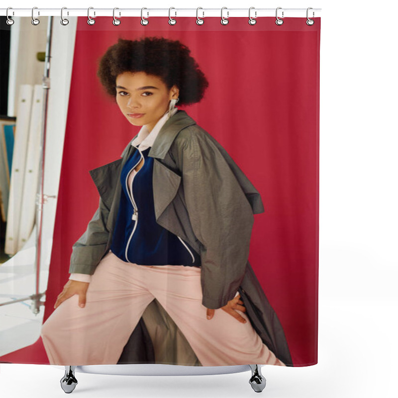 Personality  A Young Woman With An Expressive Look Embodies Fashion And Emotion Against A Colorful Setting. Shower Curtains