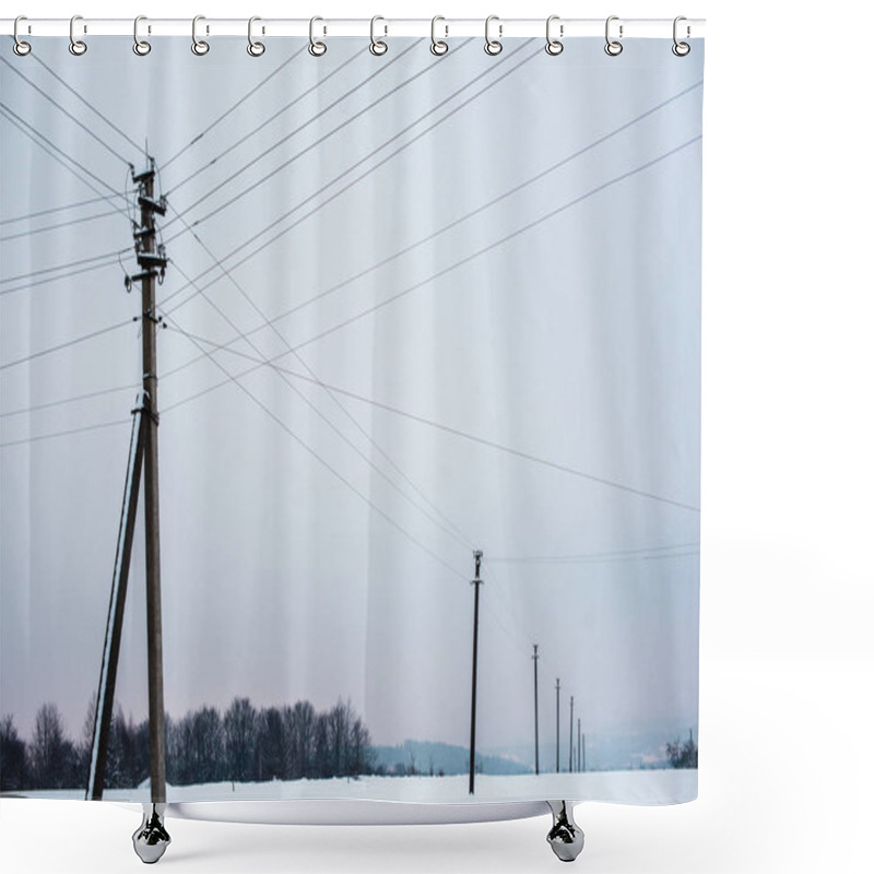 Personality  Electric Poles With Wires In Field Covered With Snow Shower Curtains