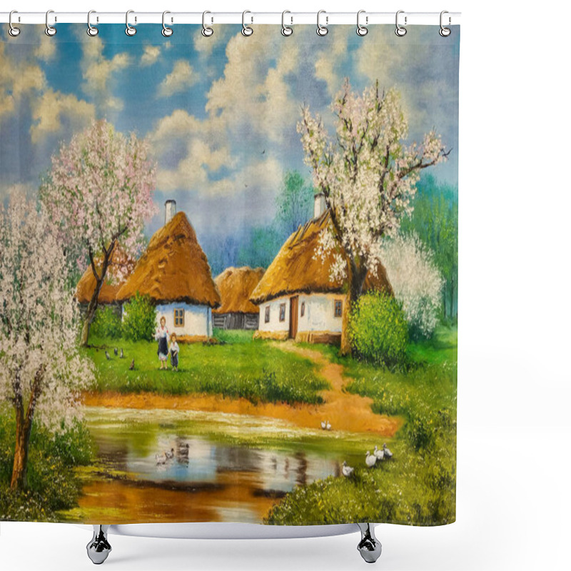 Personality  Spring Rural Landscape With A Blooming Garden Near Old Retro Houses With Thatched Roofs, A Pond With Ducks. Rustical Landscape, Oil Paintings Rural Landscape, Fine Art, Artwork, In The Old Village. Shower Curtains