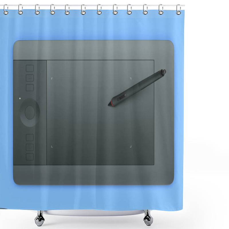 Personality  Top View Of Graphic Tablet And Pen For Illustrators, Designers And Photographers Isolated On Blue Background. 3d Rendering Shower Curtains