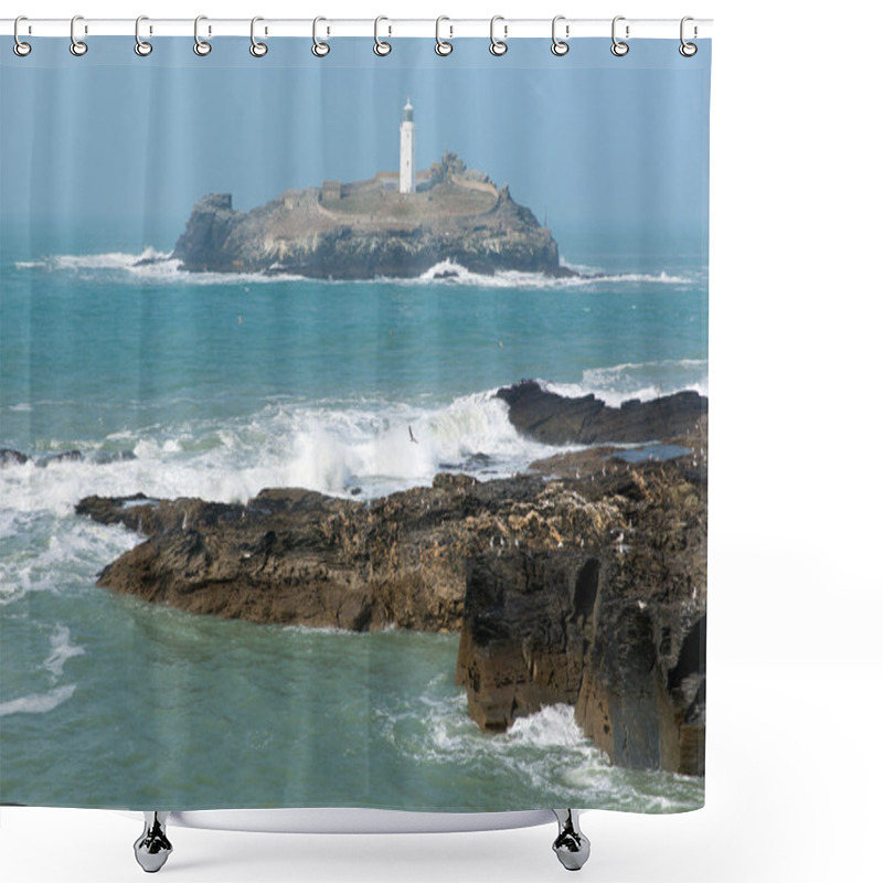 Personality  Lighthouse And Island With Sea Breaking Over Rocks Godrevy Cornwall England UK Shower Curtains