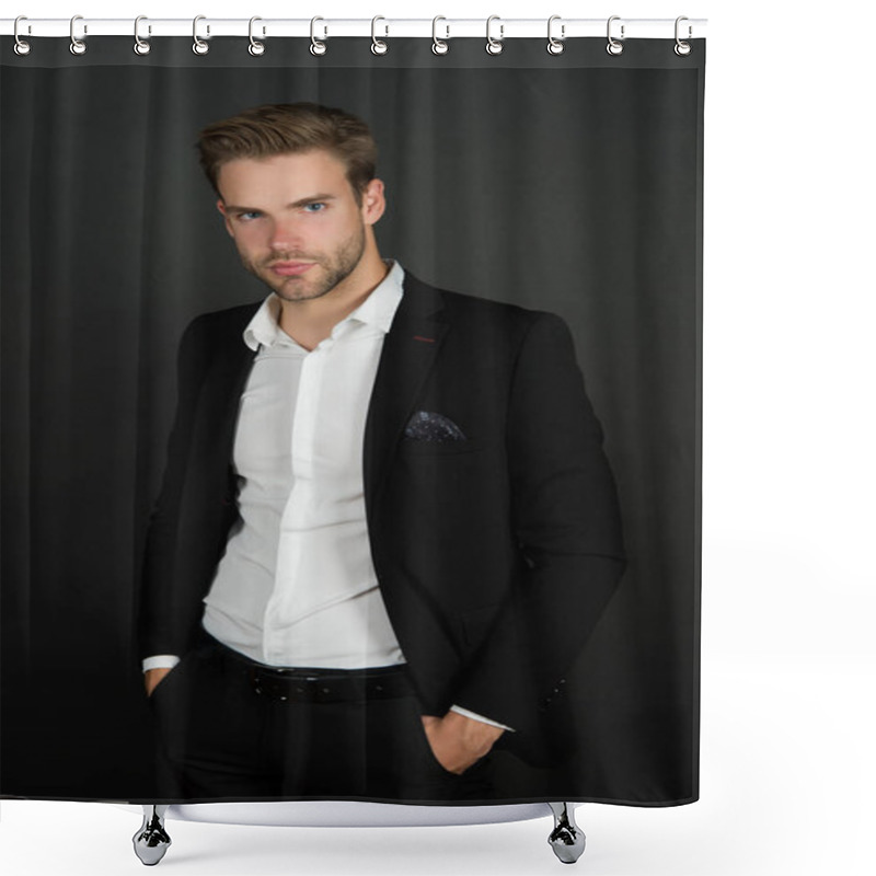 Personality  Business Coach. Handsome Man Ceo. Successful And Charismatic Lawyer. Leadership And Business Concept. Making Money Like Pro. Business People. Serious Motivated Entrepreneur. Businessman Formal Suit Shower Curtains