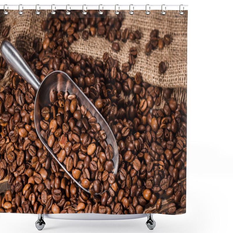 Personality  Close-up Shot Of Scoop And Roasted Coffee Beans Spilled On Sackcloth Shower Curtains