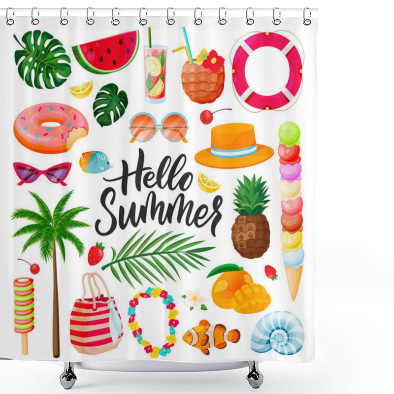 Personality  Hello Summer Calligraphy Lettering, Beach, Travel And Tropical Design Elements Set. Vacation Holiday Icons, Isolated On White Background. Vector Flat Cartoon Fun Cute Illustration Shower Curtains