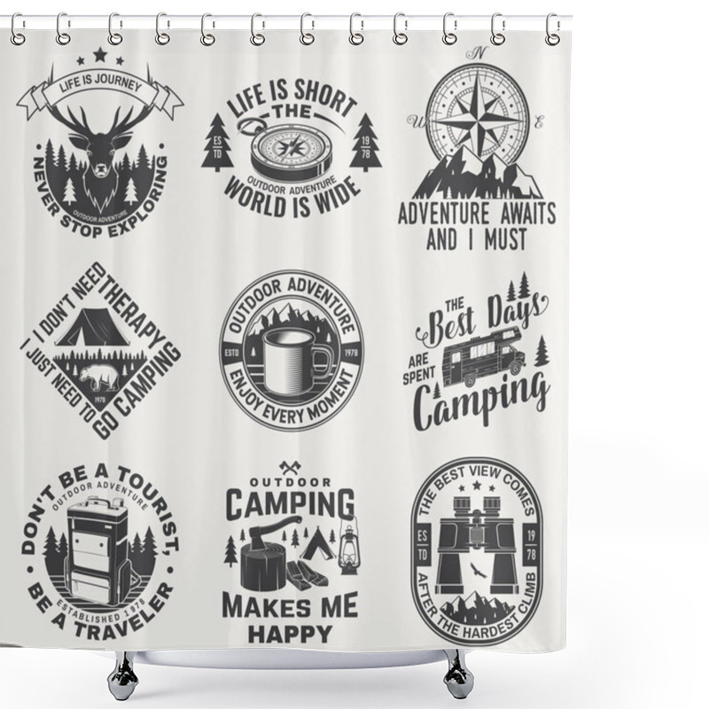 Personality  Set Of Camping Badges, Patches. Vector. Concept For Shirt Or Logo, Print, Stamp Or Tee. Vintage Design With Camping Equipment, Forest, Backpack, Mug, Compass, Camper Rv And Mountain Silhouette. Shower Curtains