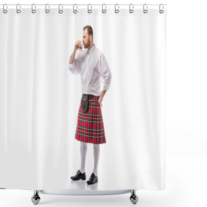 Personality  Scottish Redhead Man In Red Kilt Smelling Whiskey On White Shower Curtains